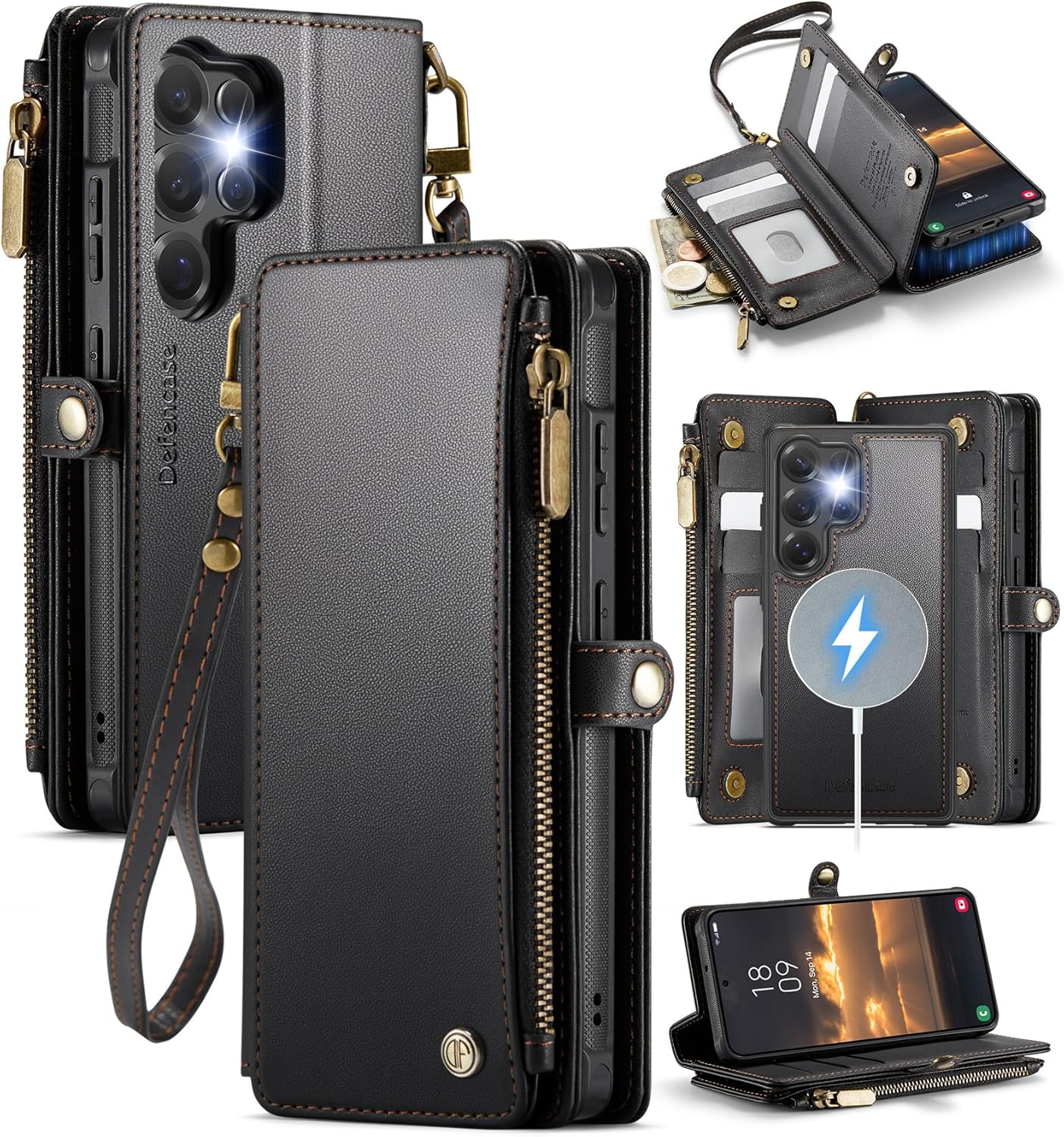 Defencase for Samsung Galaxy S22 Ultra Magnetic Wallet Case Compatible with Magsafe with RFID Blocking Zipper & Card Holder Women, PU Leather Detachable Phone Case for Galaxy S22 Ultra 6.8", Black