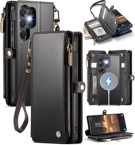 Defencase Funda tipo cartera ultra magnética para Samsung Galaxy S23 compatible con Magsafe con cremallera de bloqueo RFID y tarjetero para mujer,