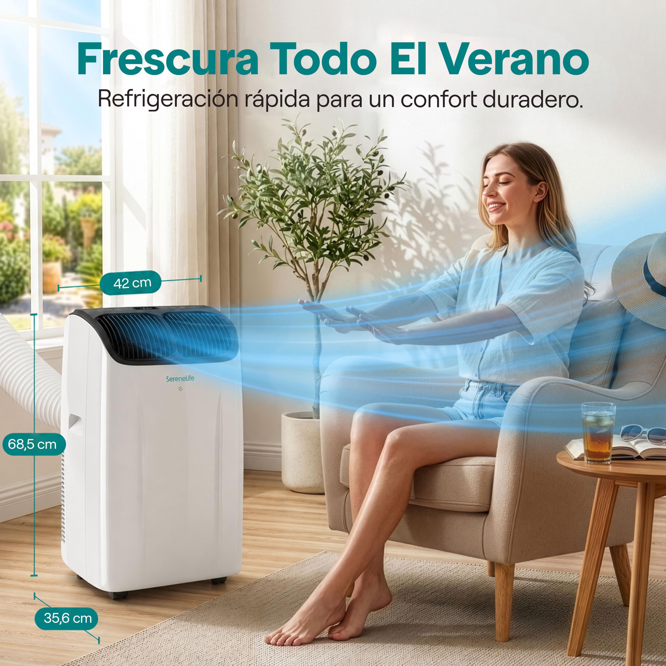 SereneLife Aire Acondicionado Portatil 12000 BTU, Climatizador 3 en 1 con Frio, Ventilador y Deshumidificador, Silencioso, con Kit de Ventana Incluido, para Hogar y Oficina