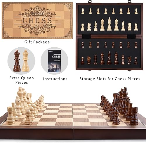 Miniatura 8 de AMEROUS Juego de ajedrez magnético de madera de 15 pulgadas para adultos y niños, con tablero plegable, paquete de regalo, ranuras de almacenamiento