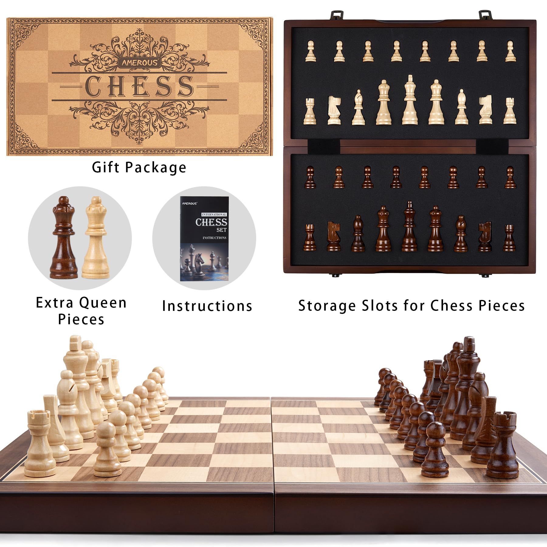 Juego de ajedrez magnético de madera de 15 pulgadas para adultos y niños, con tablero plegable, paquete de regalo, ranuras de almacenamiento de piezas, piezas hechas a mano, juego de mesa de 8