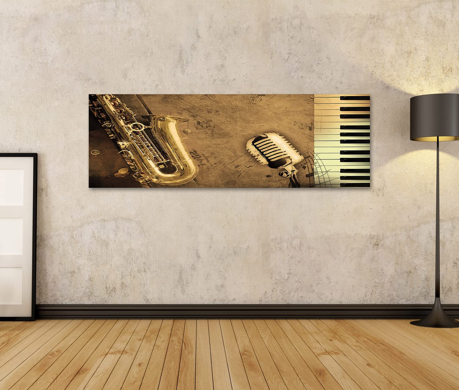 Primer cuadro sobre lienzo piano música sepia partituras instrumentos saxofón mural póster impresión imágenes