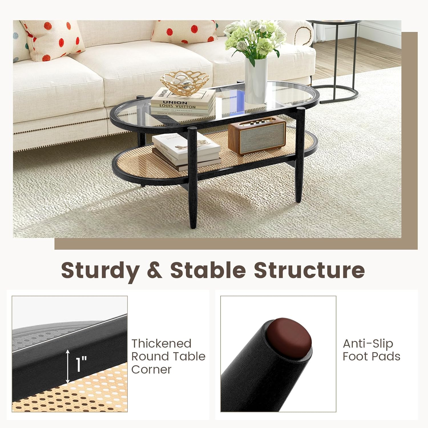 Tangkula Rattan Coffee Table, 40”L Boho Oval Acacia Wood Cocktail Table with Tempered Glass Tabletop & PE Rattan Storage Shelf, 2-Tier Tea Center Table for Living Room Office Reception (Boho, Black)