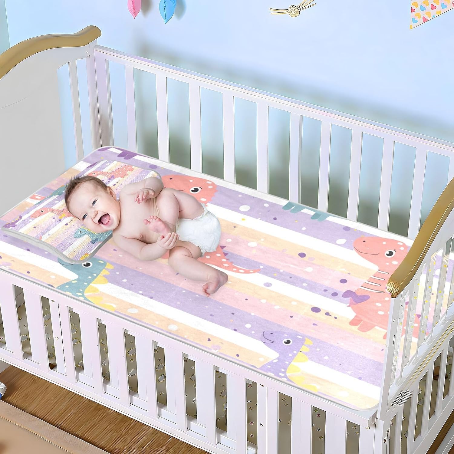 Cartoon Cute Dinosaurs Light Purple Stripes Cooling Baby Bed Mattress Protector 28" x 52" Ultra Soft Mattress Protector pad for Baby&Toddler