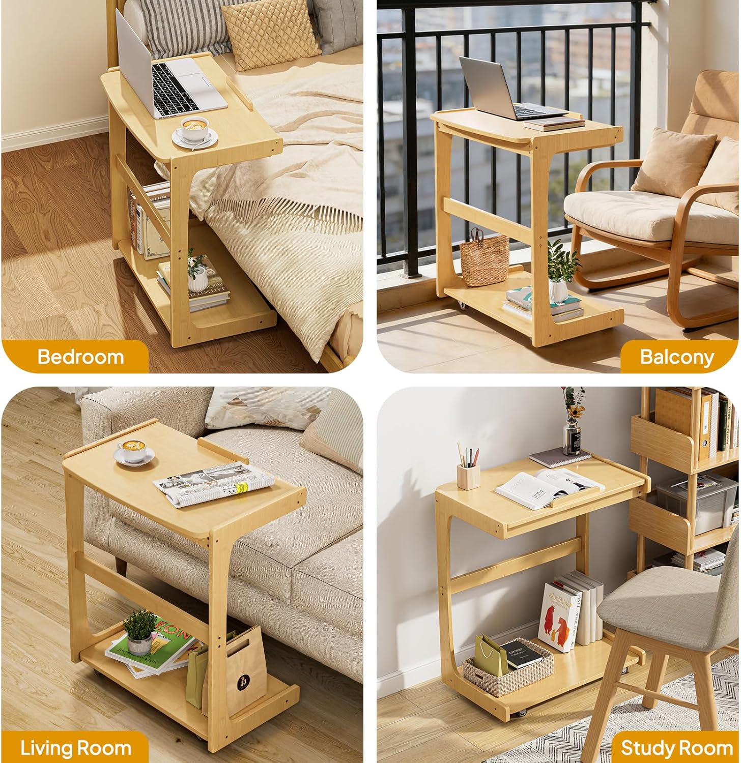 C Shaped Side Table, Rolling Bamboo End Table with Adjustable Tilt Top & Storage Shelf, Small Couch Table with Wheels for Living Room, Bedroom, Natural