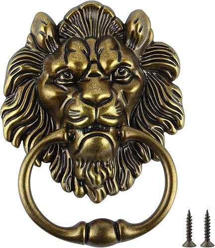 Miniatura 8 de MOLIGOU Aldaba de puerta con cabeza de león, aldaba decorativa para puerta delantera de 6 pulgadas, manija de anillo de puerta de león antiguo