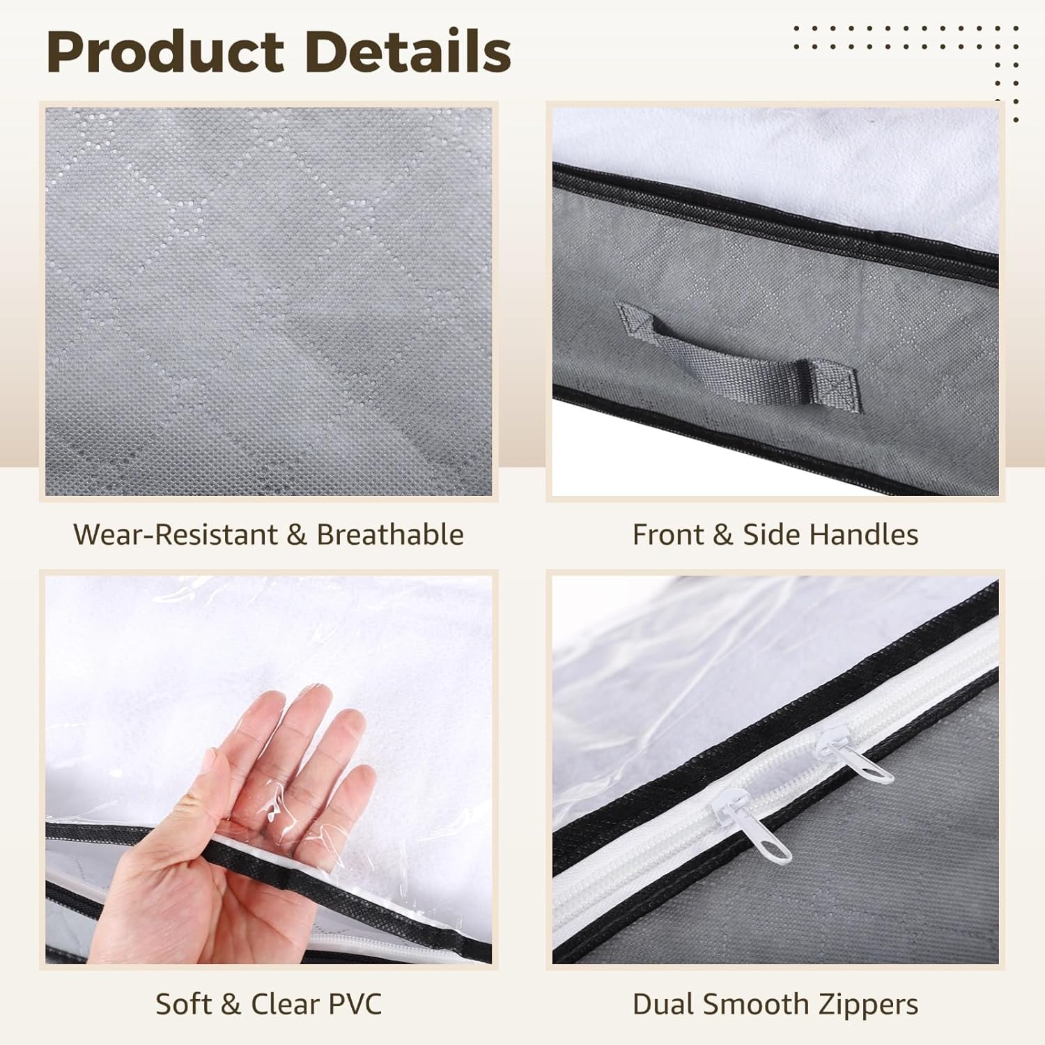 4 Underbed Storage Bins, Foldable with Handles, Clothes Organizers, Clear Top, Dual Zipper Closure, Under Crib and Couch Storage