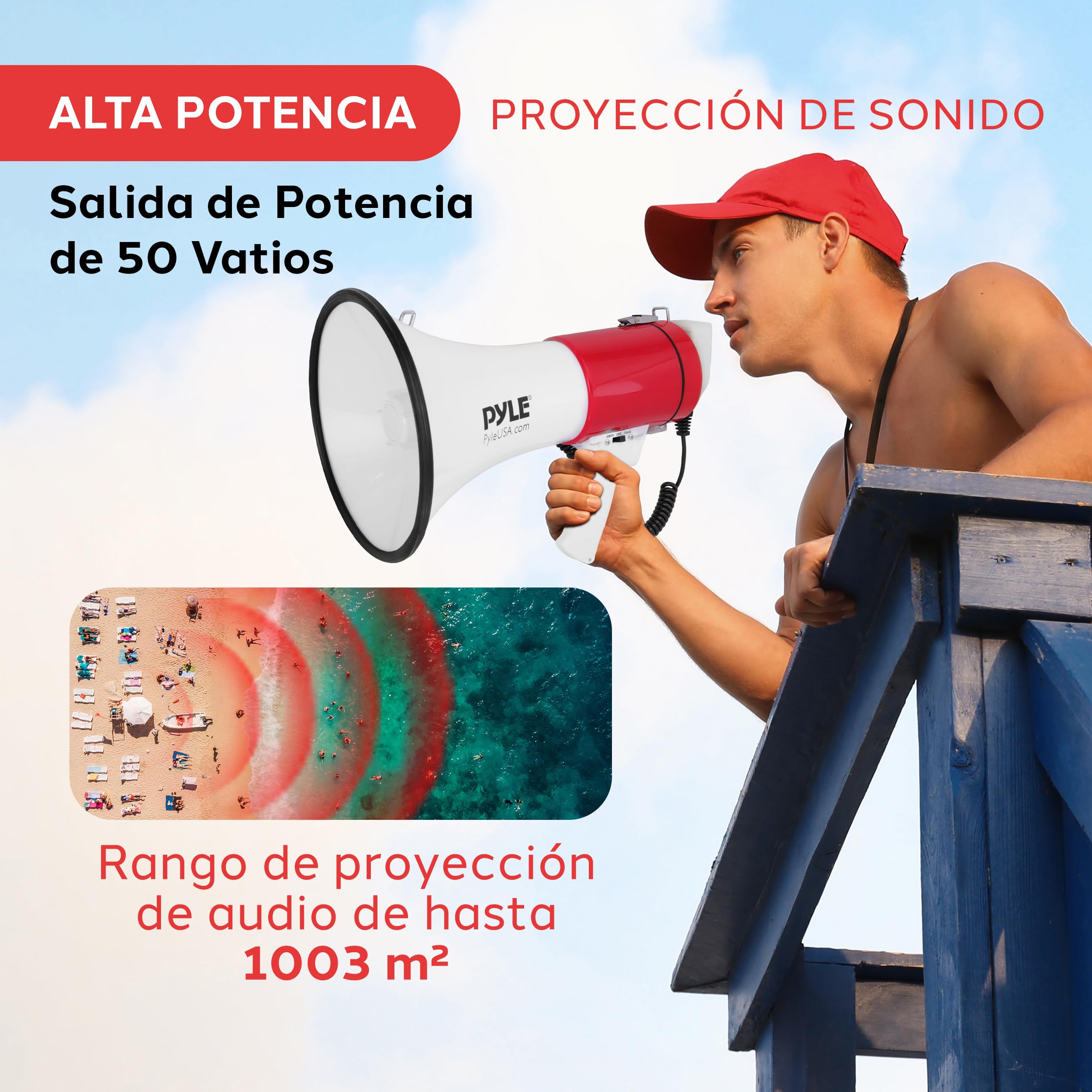 Pyle megafono, Altavoz, Portatil, 50V, Volumen Ajustable, Sirena, Correa para el Hombro, Entrada AUX, Compacto, Ideal para anuncios, Eventos, Deportes y mas - 3