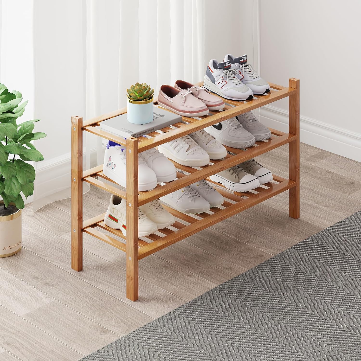Bamboo Shoe Rack Organizer for Closet and Entryway - Space-Saving Narrow Shoe Stand - Versatile Shoe Holder for Door or Closet Shelf, Bedroom can Freely Stack DIY Small Shoe Racks 3 Tier Bamboo color