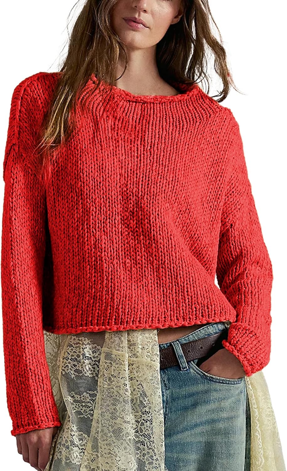 Songling Womens Sweater Oversized Roll Neck Cotton Long Sleeve Casual Soft Chunky Sweaters Crochet Knit Pullover Tops