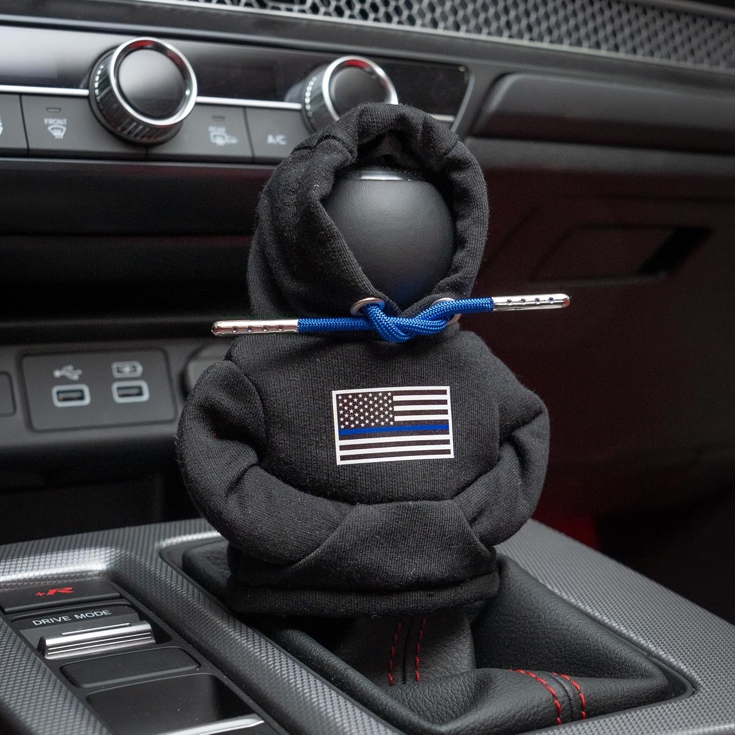 Billetworkz Shift Knob Cover, Mini Gear Shift Hoodie, USA Flag - Blue Line