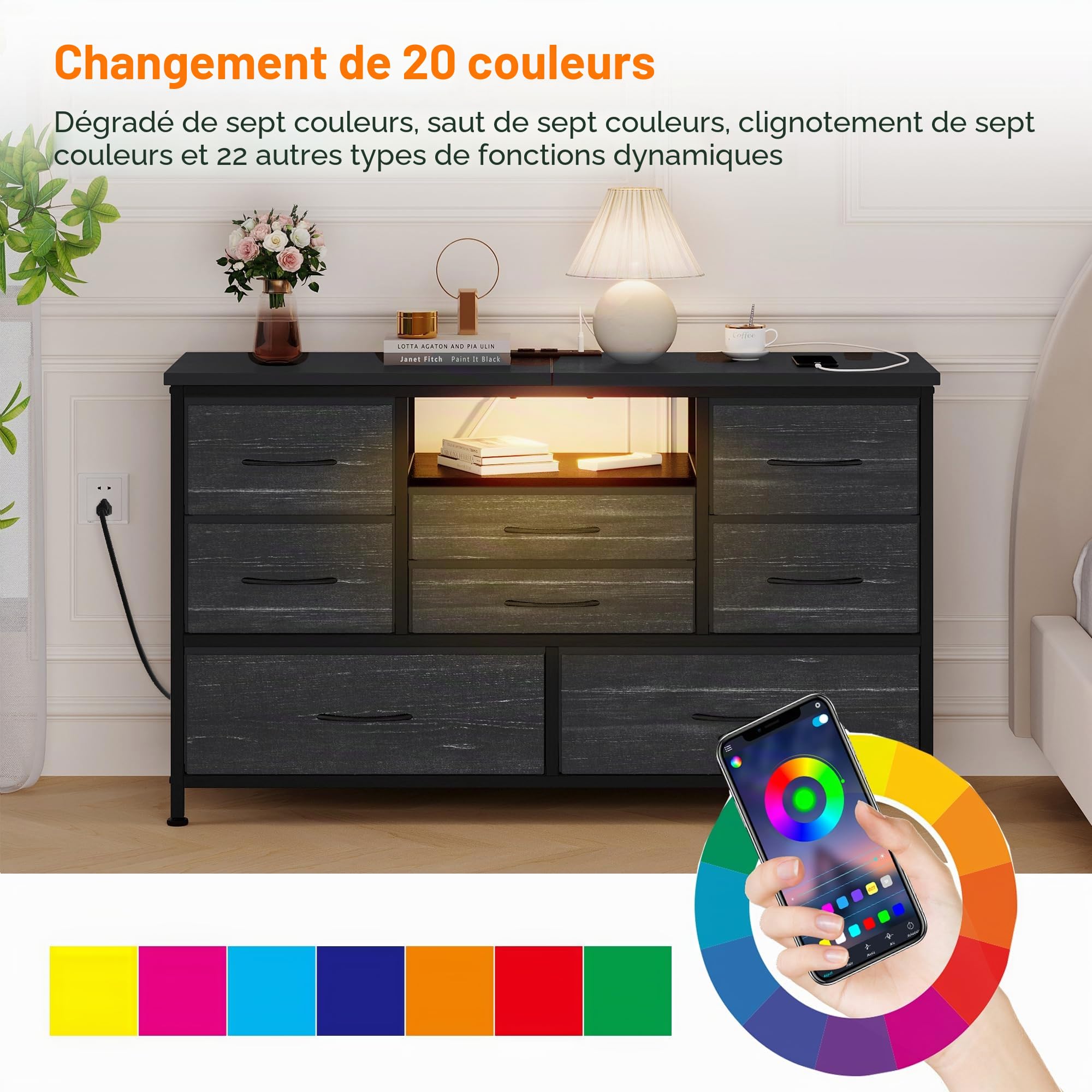 Commode à 8 Tiroirs & Meuble TV avec LED, Station De Charge, Commode De Chambre avec Structure en Métal, Tiroir en Tissu, Meuble De Rangement