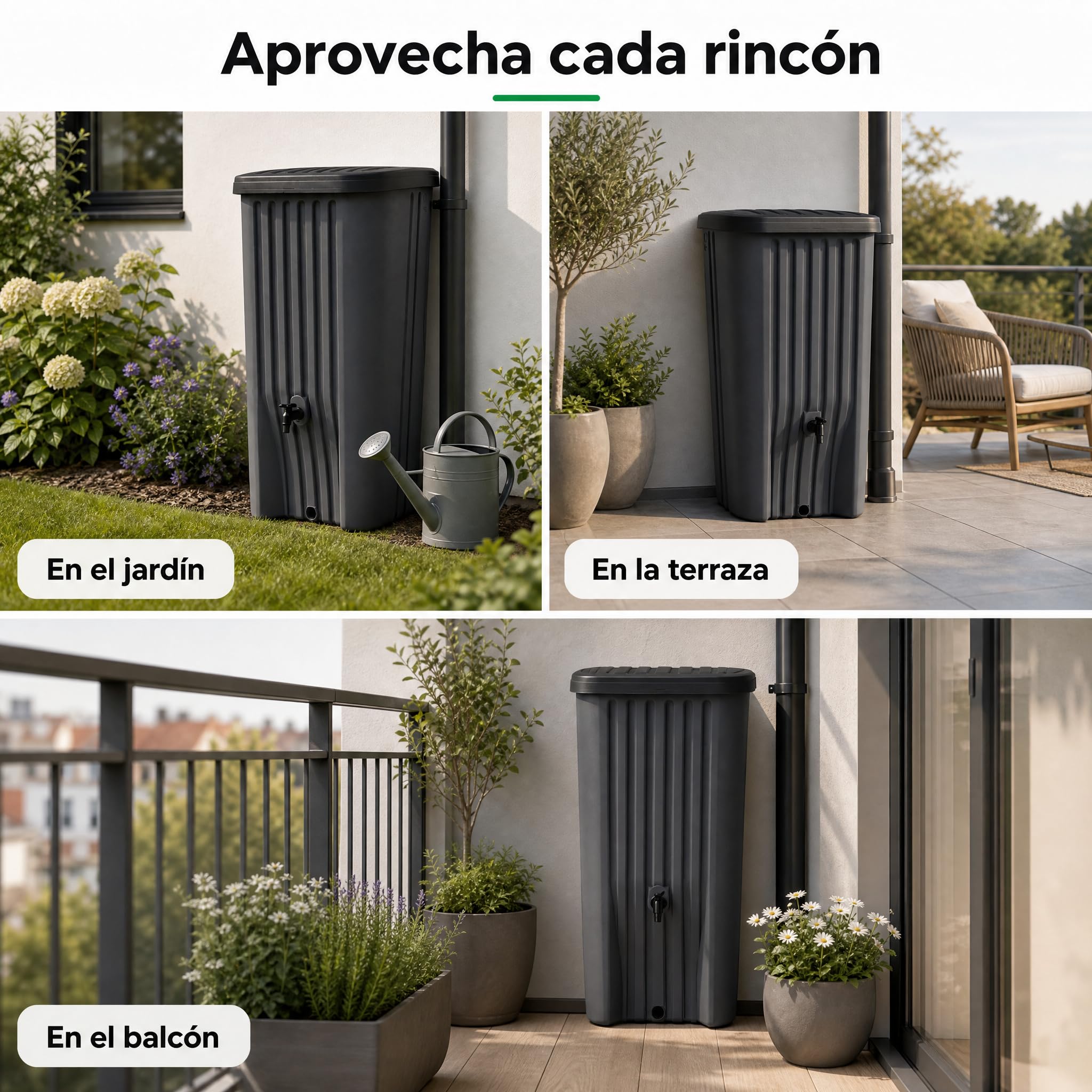 YourCasa Depósito Agua Lluvia 150 L, Estrecho con Grifo, Antracita | Recolector de agua de lluvia compacto para jardín, terraza y balcón; plástico resistente UV, fabricado en Francia