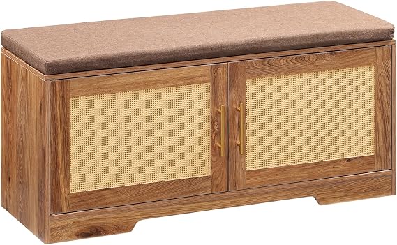 HOOBRO Faux Rattan Shoe Storage Bench with Cushion, Boho Entryway Bench with 2 Doors and Adjustable Shelves, Pet-Proof Hidden Shoe Cabinet for Hallway, Living Room, 39.2 L, Natural, CE53HX01