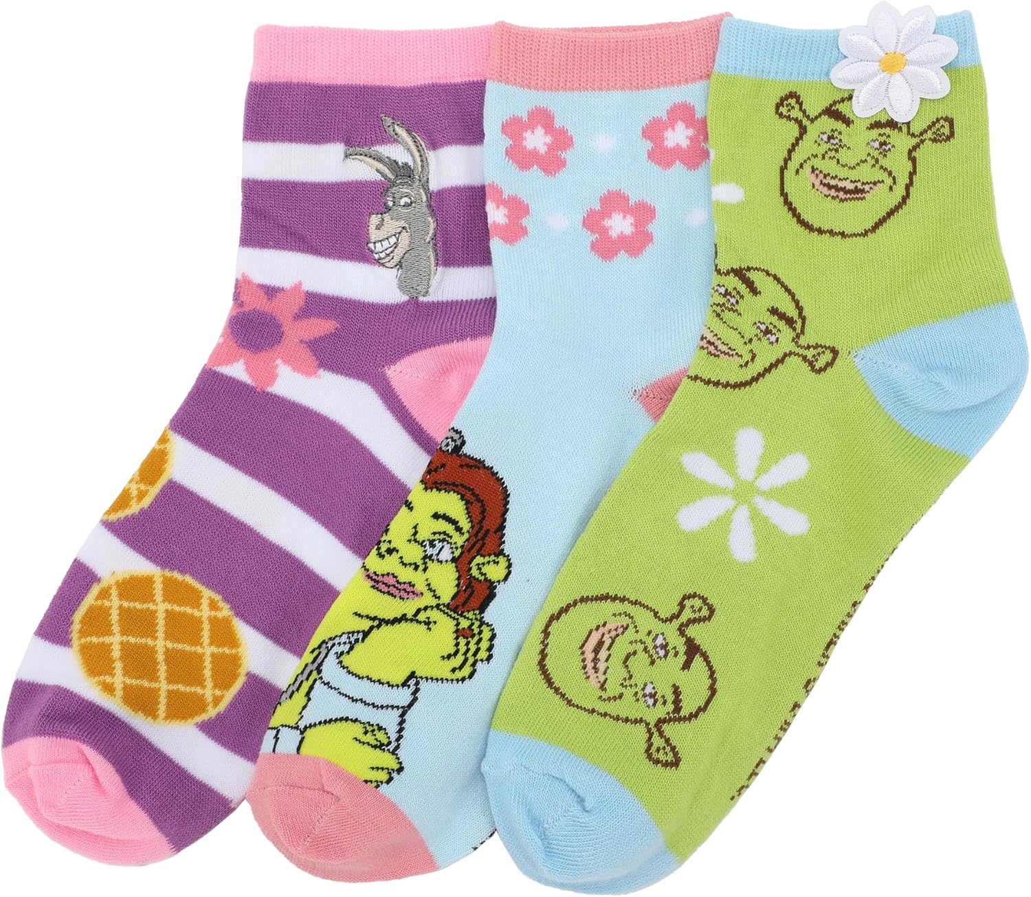 Bioworld Shrek Characters & 3D Flowers Women's 3-Pair Casual Quarter Crew Ankle Socks