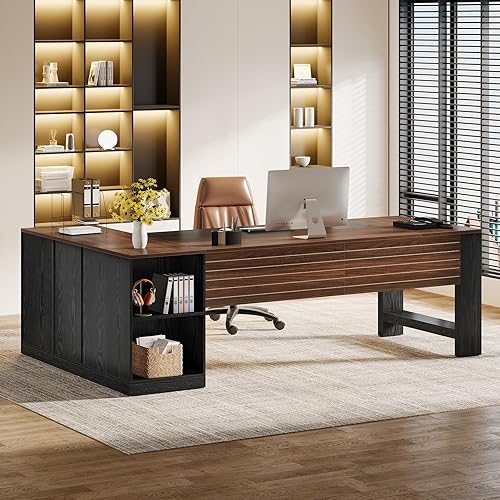 Miniatura 5 de Tribesigns Escritorio ejecutivo en forma de L de 78 pulgadas, escritorio grande para computadora de oficina con cajones y archivador lateral,