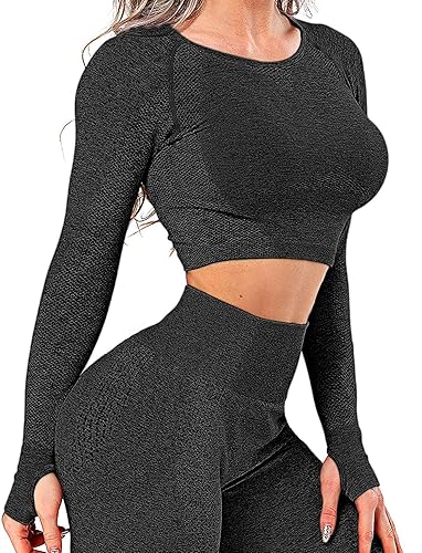 Women Workout Crop Top Seamless Shirt Athletic Long Sleeve Fitness