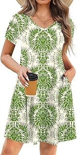 Womens Summer Floral Beach V Neck Dresses Short Sleeve T Shirt Sundresses with Pockets 2025 Hawaiian Vacation - Buy now