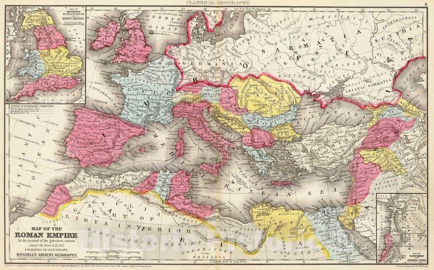 Historic Map - Map of the Roman Empire at the period of its greatest extent about the year A.D. 107, 1875 Classical Atlas - Vintage Wall Art - 36in x 24in