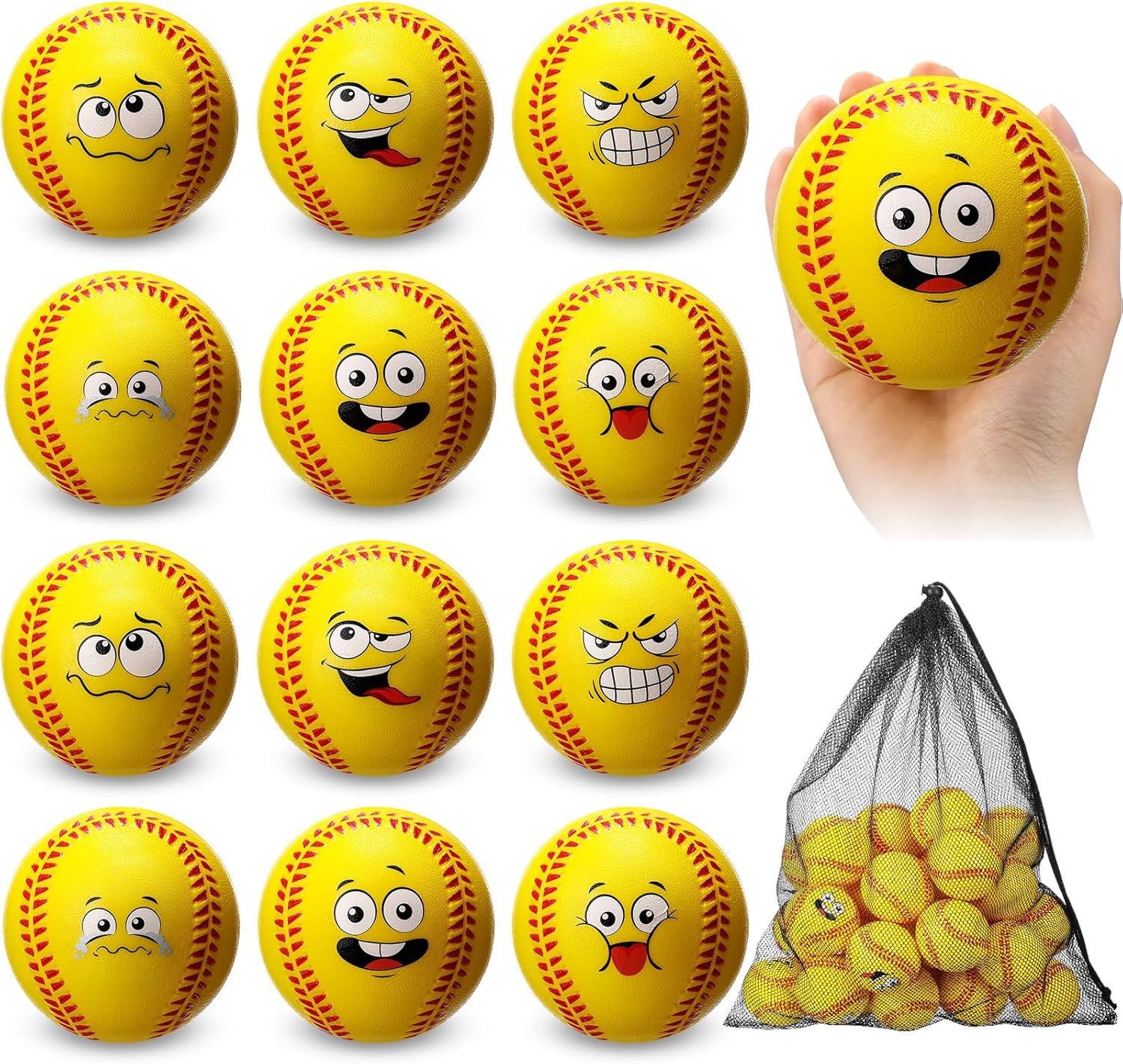 Blulu 12 Pcs Foam Softball Balls 11 Inch Soft Softball Practice Training Balls with Mesh Bags Stretchy Emotion Face Anxiety Stress Relief Toys for Kids Boys Girls Indoor Outdoor Practice Gifts