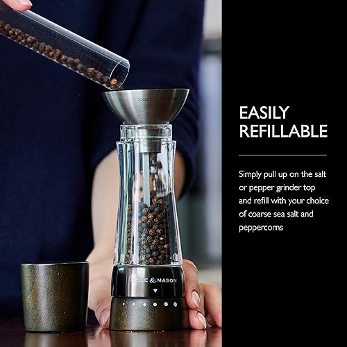 Miniatura 97 de Cole & Mason Derwent - Molinillo de pimienta de precisión gourmet, herramientas recargables para condimentos y especias, ajustes ajustables de Oro