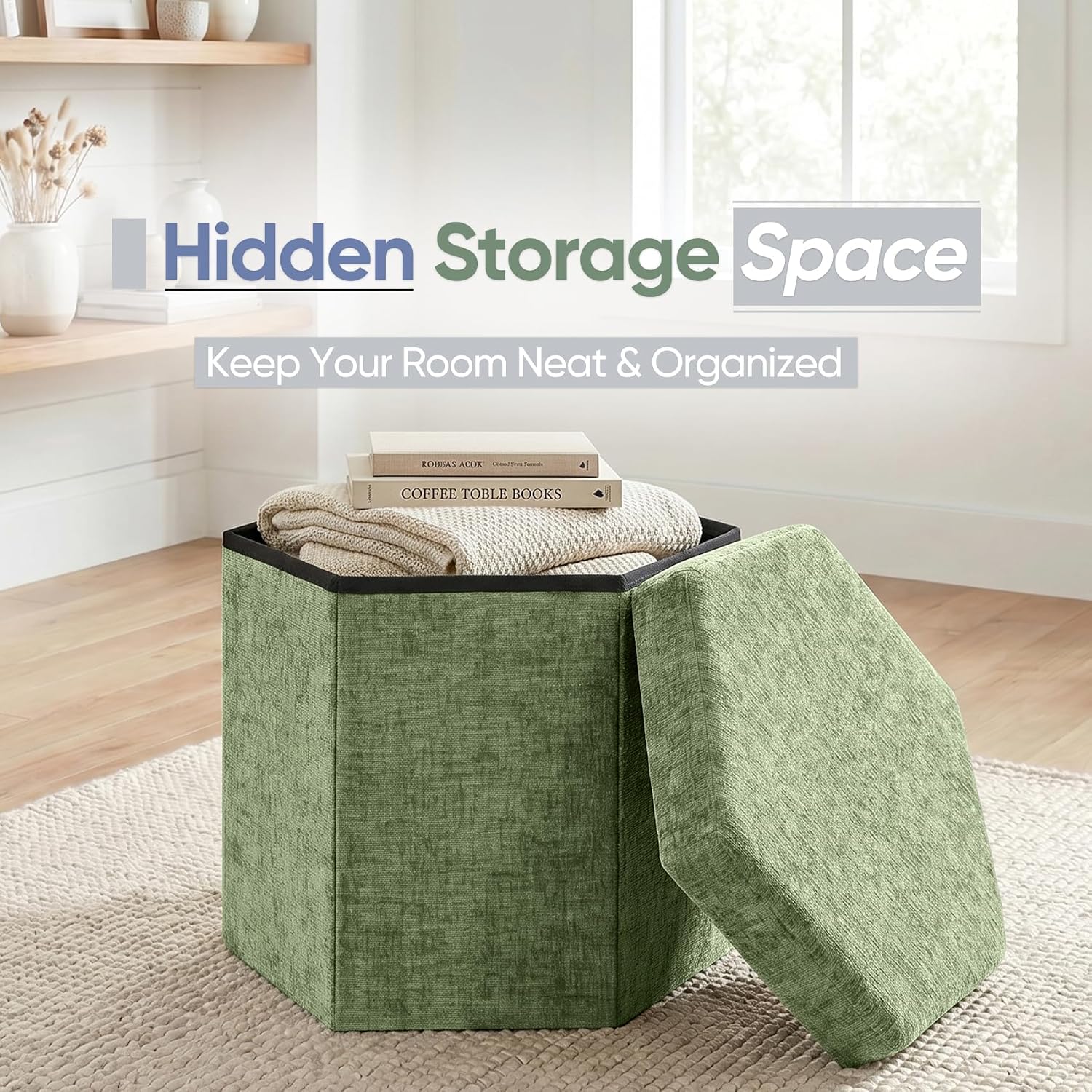 Hexagon Storage Ottoman, 15 Inch Foldable Footstool, Light Green