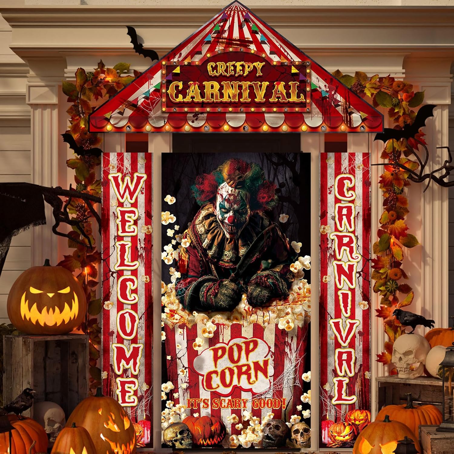 Chiisong 4 Pcs Halloween Carnival Circus Party Decorations Creepy Carnival Awning Scary Clown Halloween Door Cover Evil Circus Porch Banner for Creepy Horror Party Indoor Outdoor Wall Door Decorations
