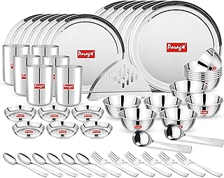 Parage 51 Pieces Heavy Gauge Sanskriti Dinner Set/Premium Dinnerware for Home/Steel Bartan Set for Kitchen, Silver (Serves Price In India