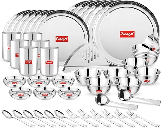 Parage 51 Pieces Heavy Gauge Sanskriti Dinner Set/Premium Dinnerware for Home/Steel Bartan Set for Kitchen, Silver (Serves