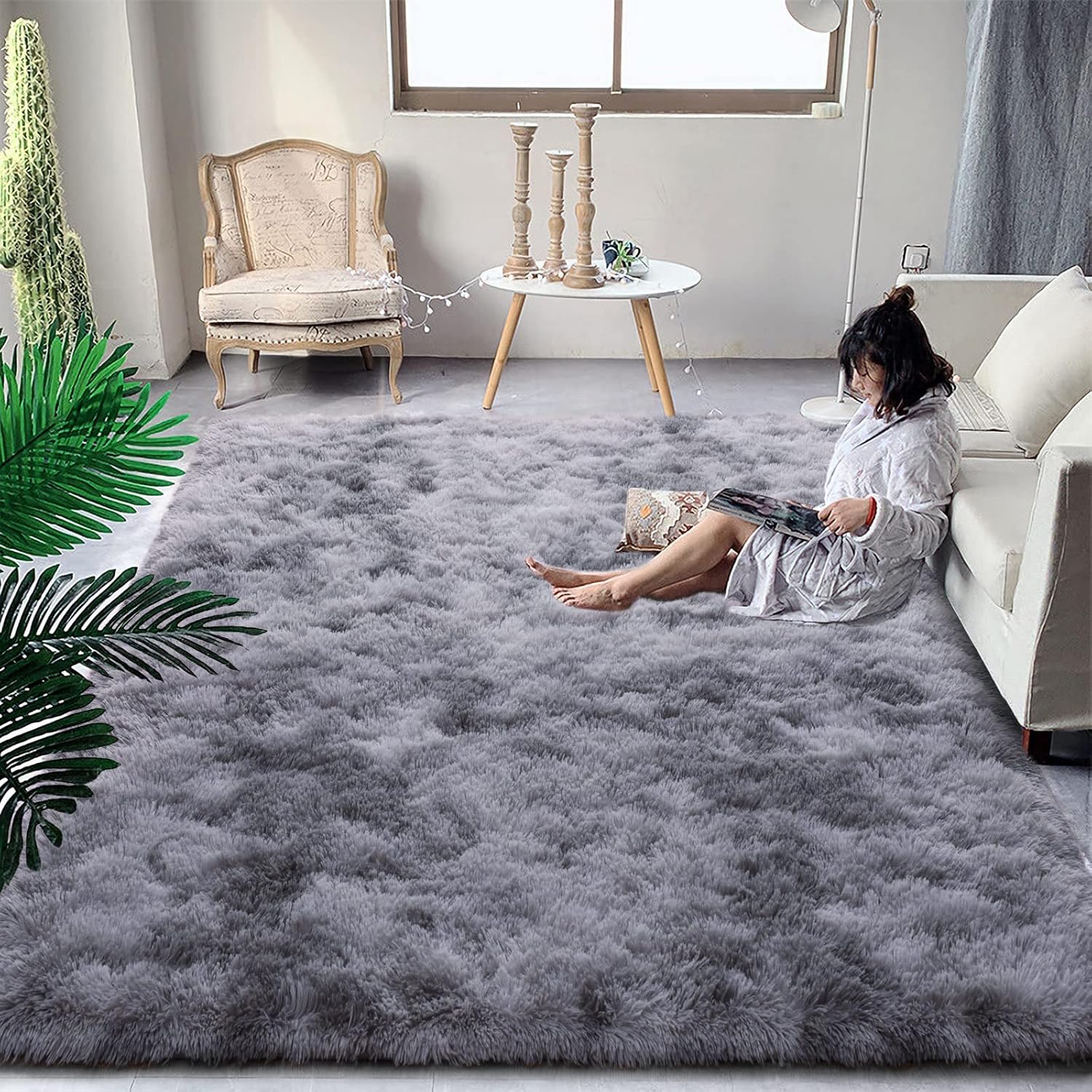 DweIke Soft Rugs for Living Room, Fluffy Grey Carpets, Tie