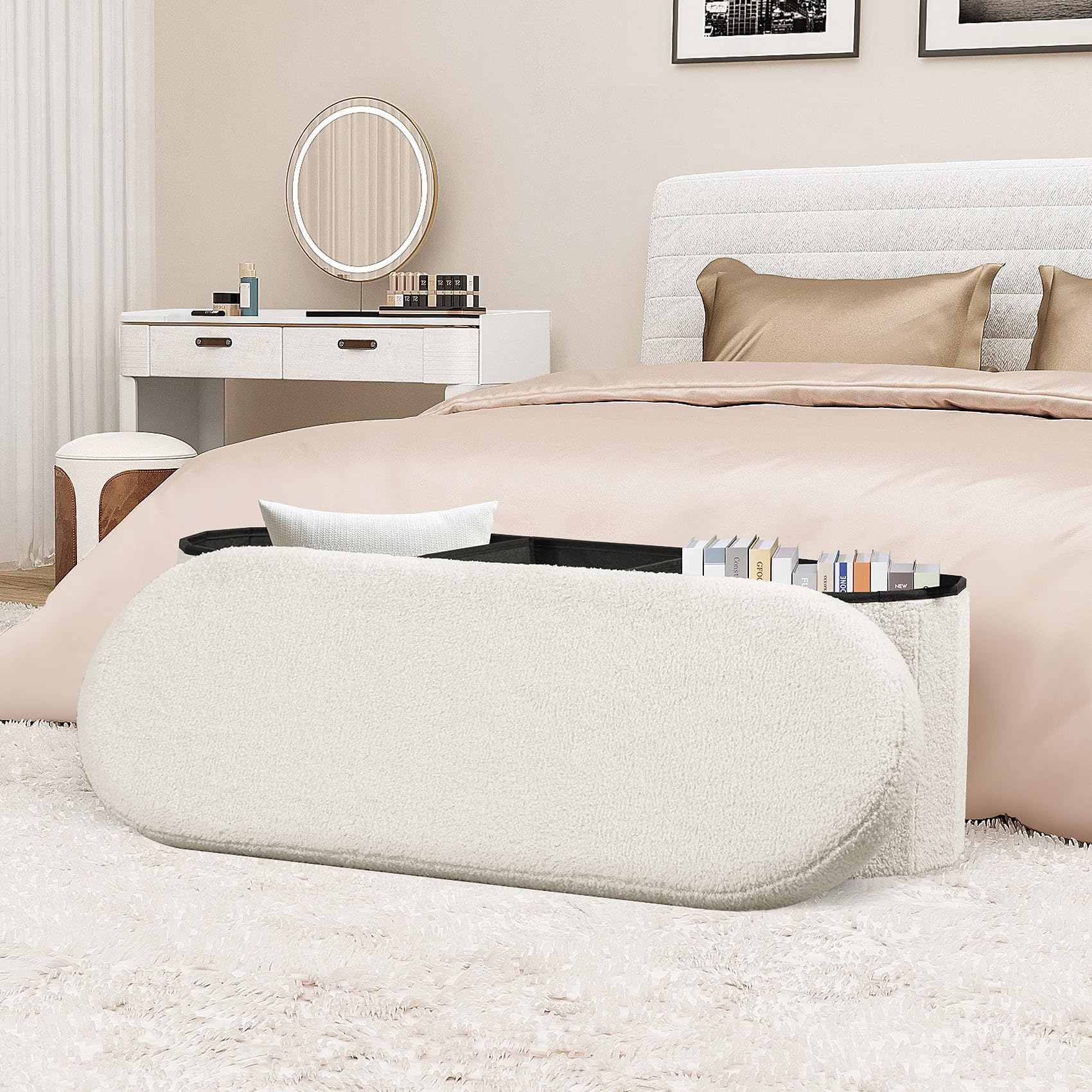 PINPLUS Sitzbank mit Stauraum, Ovales Design, 110x38x38cm, Cremeweiß
