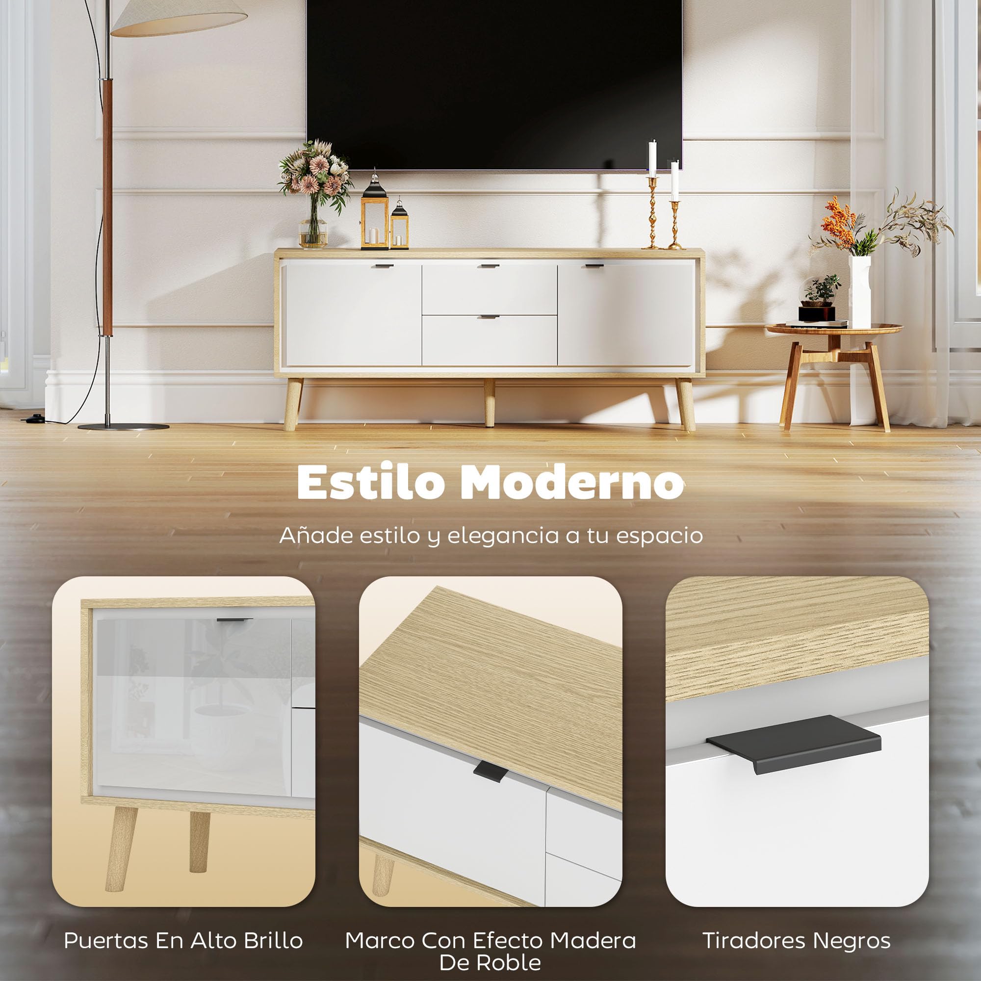 HOMCOM Mueble de TV Moderno de 2 Puertas 120x35x50 cm Blanco Brillo y Roble | Mesa TV para Salón con 2 Cajones, Orificios Pasacables, Estantes Extraíbles y Ajustables, para Televisión 55 Pulgadas