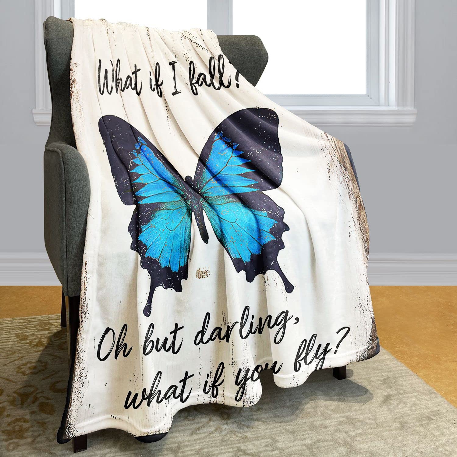 Amazon.com - YISUMEI Vintage Blue Butterfly Blanket, Inspirational Quotes  Brown Nostalgia Style, Encouragement Gifts for Family and Friends, 50x60