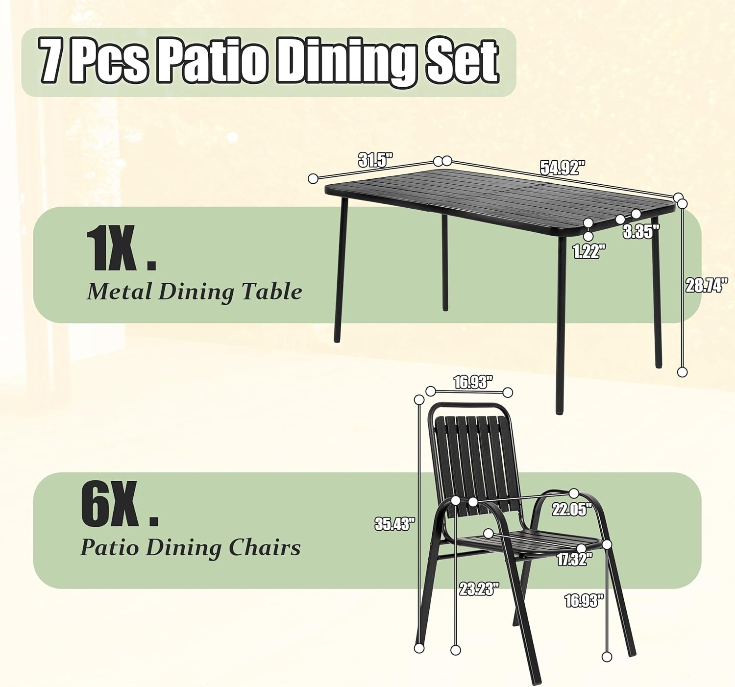 Patio Dining Set 7 Pieces Outdoor Furniture with Table Outdoor Dining Set, Rectangular Metal Steel Dining Table & Stackable Dining Chairs for Patio, Deck, Yard, Garden (Black)