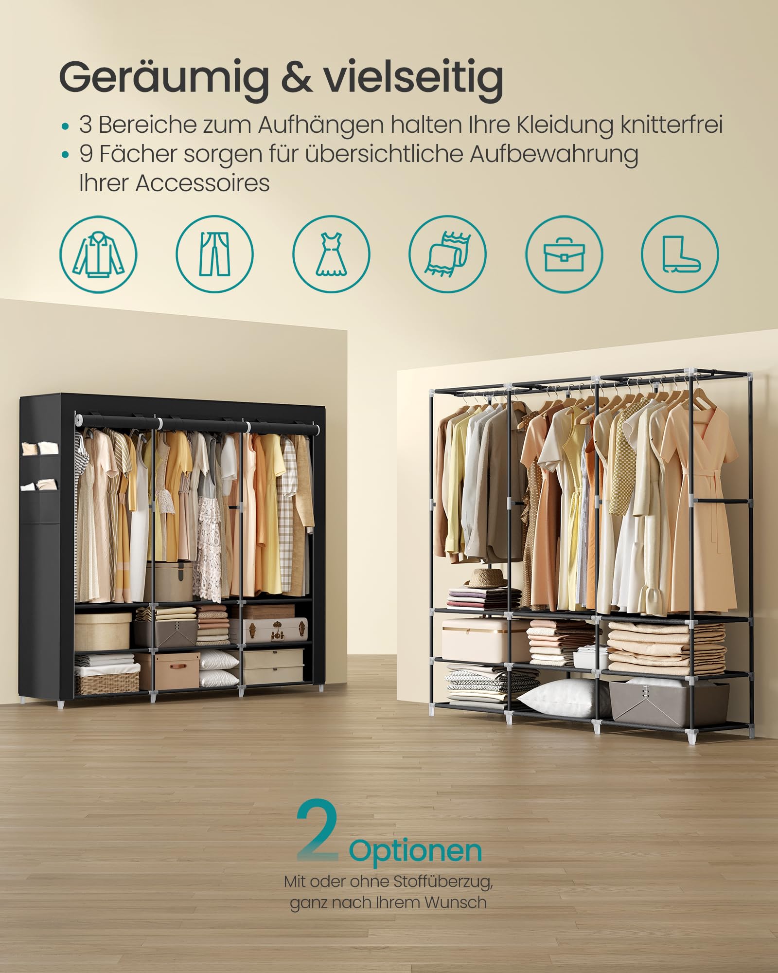 SONGMICS Stoffschrank, Kleiderschrank, 45 x 188 x 176 cm, 3 Hängefächer, mit Ablagen, 4 Seitentaschen, viel Platz, für Schlafzimmer, Wohnzimmer, schwarz RYG009B01
