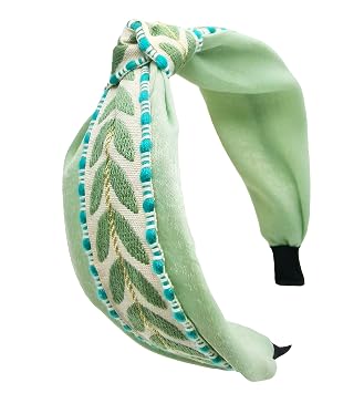 Boho Knotted Green Headband with Handmade Lace Embroidery Leaves Metal Headband for Girls Womens