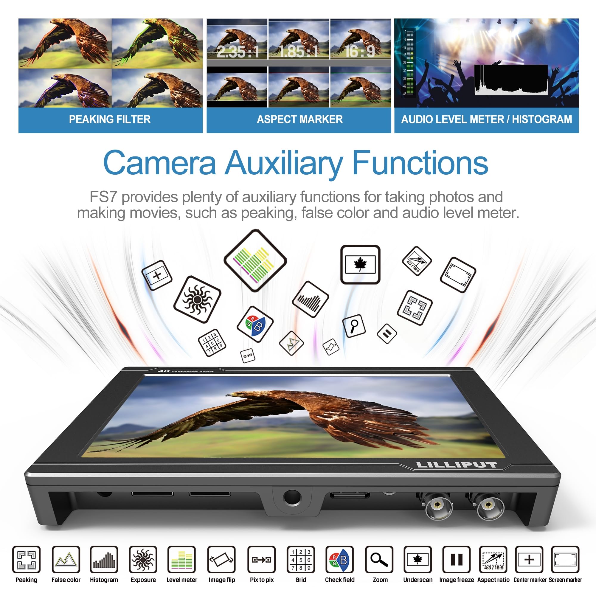 LILLIPUT FS7 7 pollici 1920 x 1200 FHD LCD Kaméra Moniteur con forma d'onda VectorScope Istogramma 4K HDMI Ingresso, DSLR Moniteur de Champ de Caméra HDMI 1.4/3G-SDI Camera Field Monitor