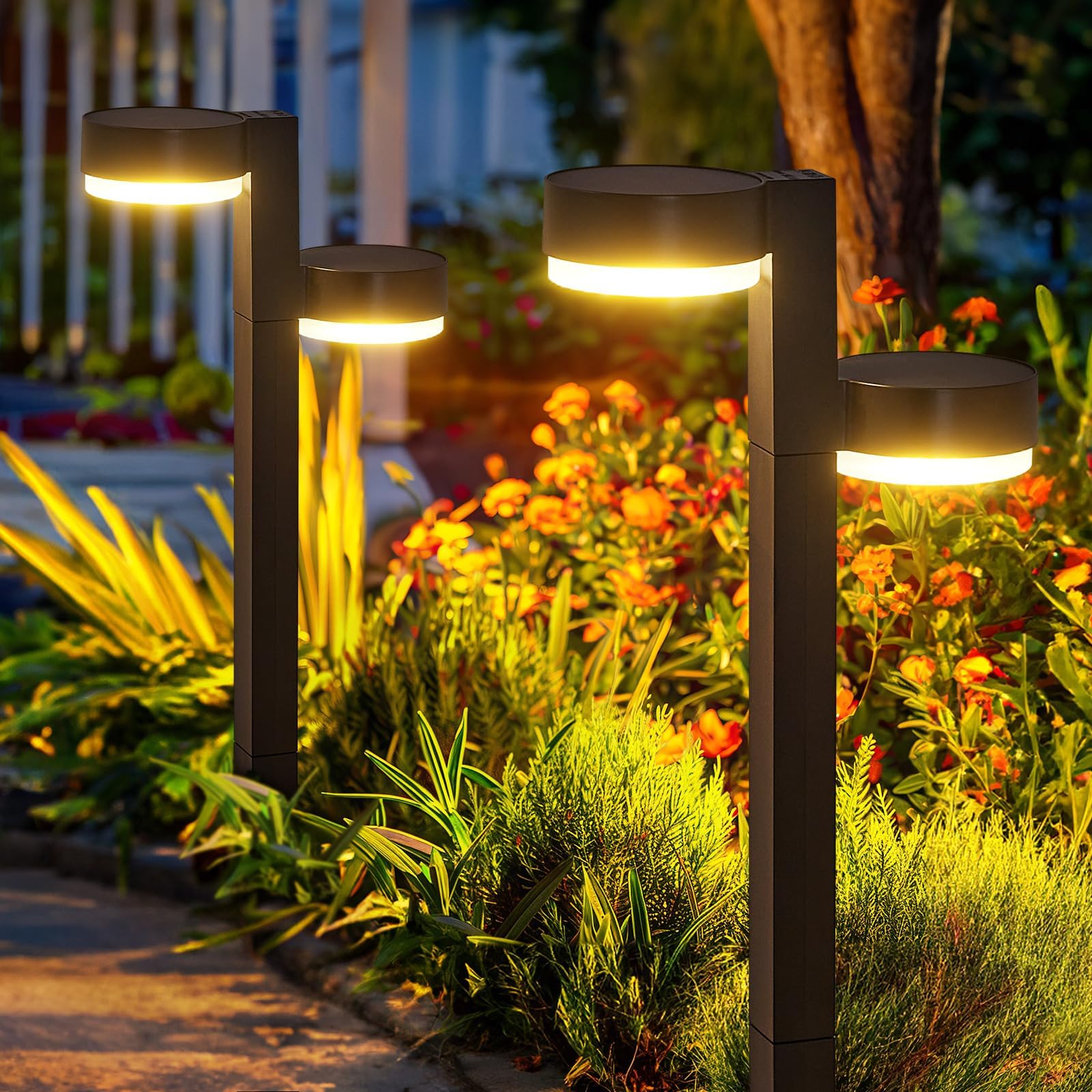 Solar Pathway Lights Outdoor, 4 Pack Brighter Modern Dual-Head Outdoor Solar Lights for Outside Up to 12Hrs, IP65 Waterproof Solar Garden Lights for Yard Landscape Path Walkway Decoration