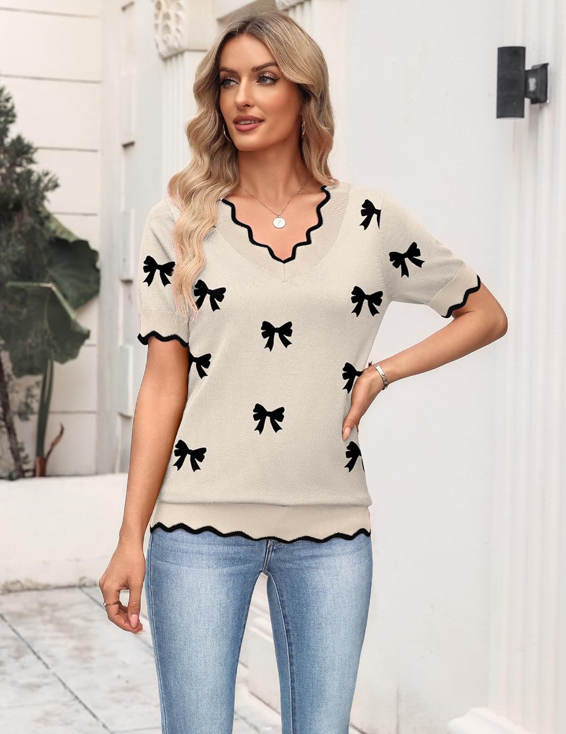 Zeagoo Women's Short Sleeve Sweater 2026 Spring Summer V Neck Lightweight Tops Dressy Blouses Business Casual Outfits - Image 4