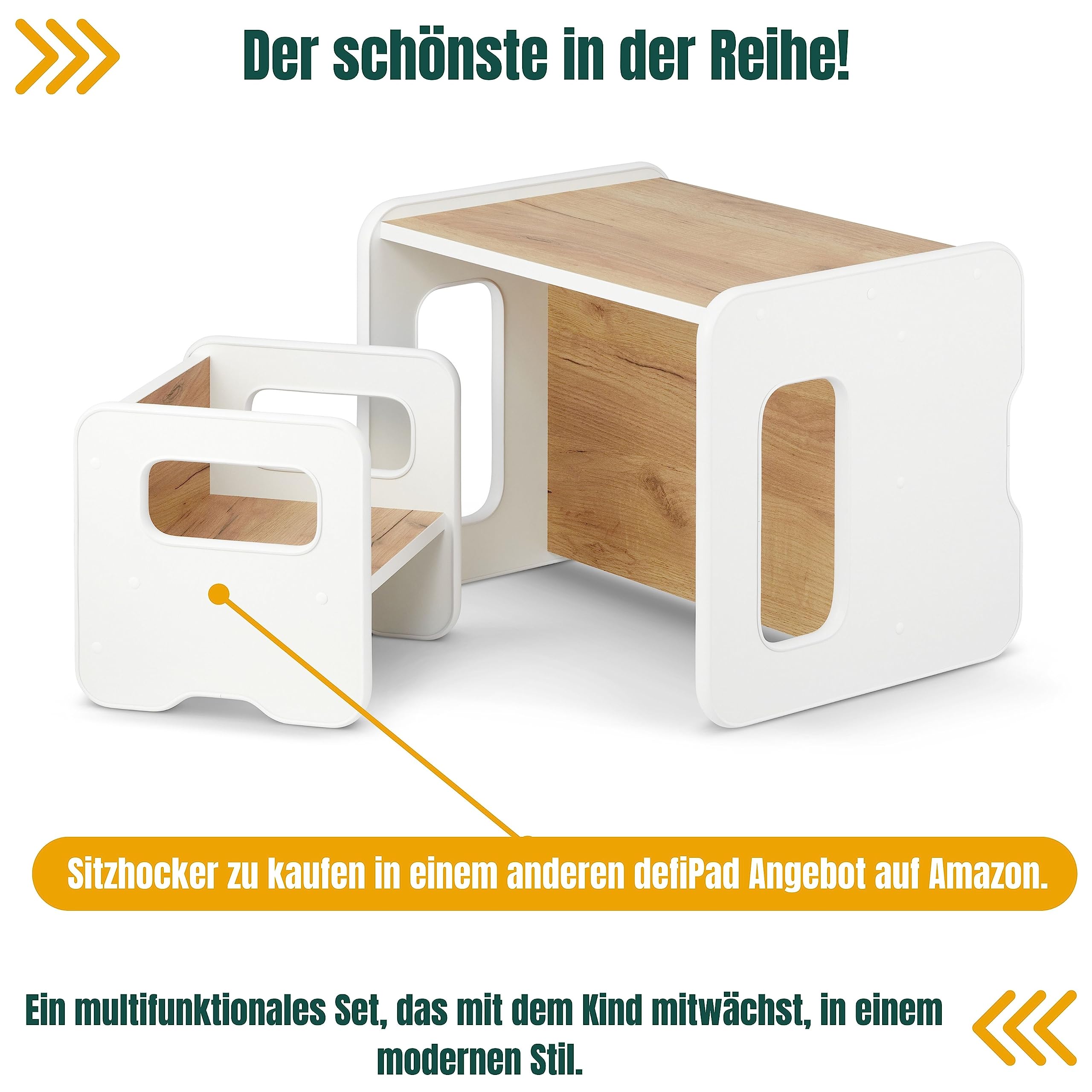 defiPad Panca per bambini multifunzione in legno con 2 altezze e funzione tavolino (Bianco + Rovere)