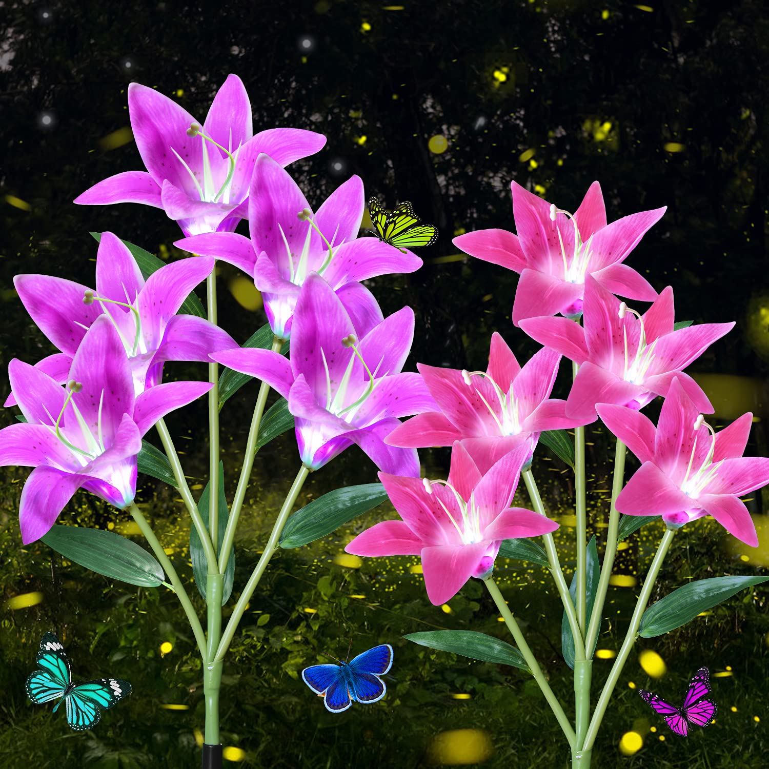 2 Pack Solar Lights Outdoor - Upgraded Material Two Modes Lighting Realistic Solar Flower Light with 10 LED Lily Flowers, Waterproof Solar Garden Lights for Lawn, Yard, Patio Decor (Purple and Pink)