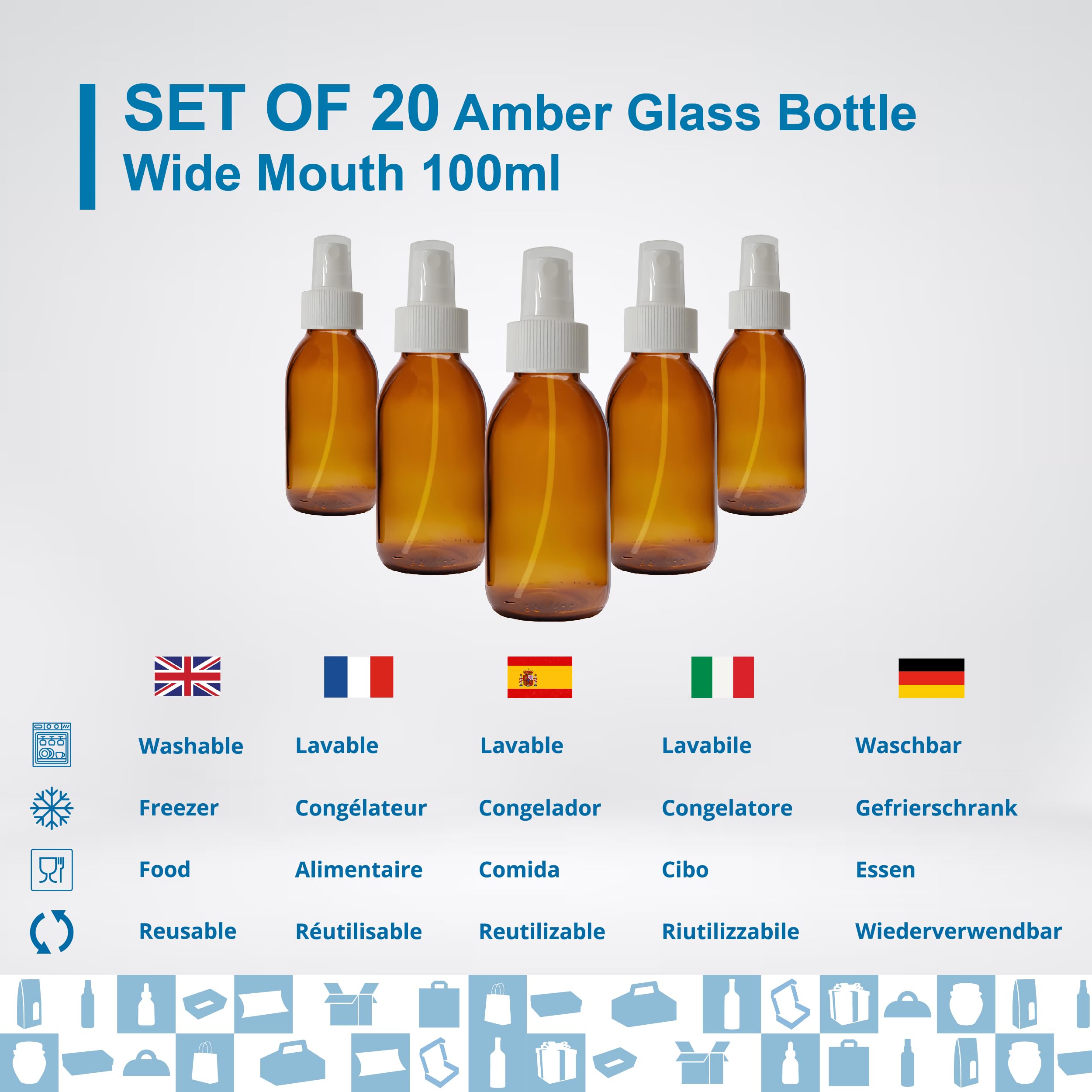 20 x Sprühflasche aus Glas, bernsteinfarben, 100 ml, mit Deckel des Zerstäubers – Spray für ätherische Öle, Kosmetik, Probenduft, Haarspray – Hautpflege und Haarpflege