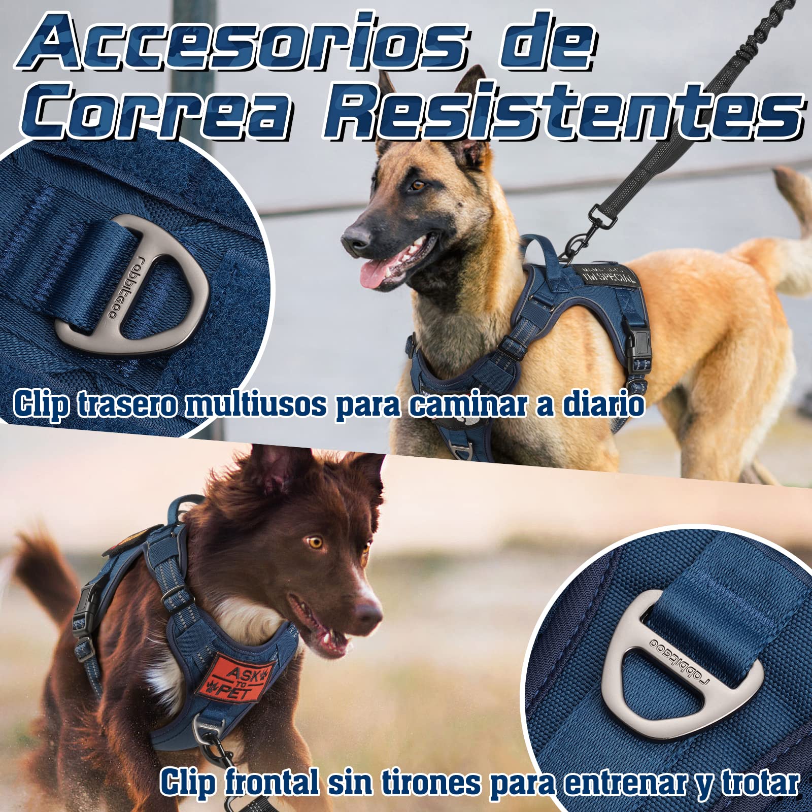 rabbitgoo Arnes Perro Antitirones, Arnes Perro Grande Mediano Transpirable, Arnes Táctico Perro Ajustable con Asa Anillos y Molle, Chaleco Durable Reflectante para Adiestrar, Caminar, Cazar, Azul XL
