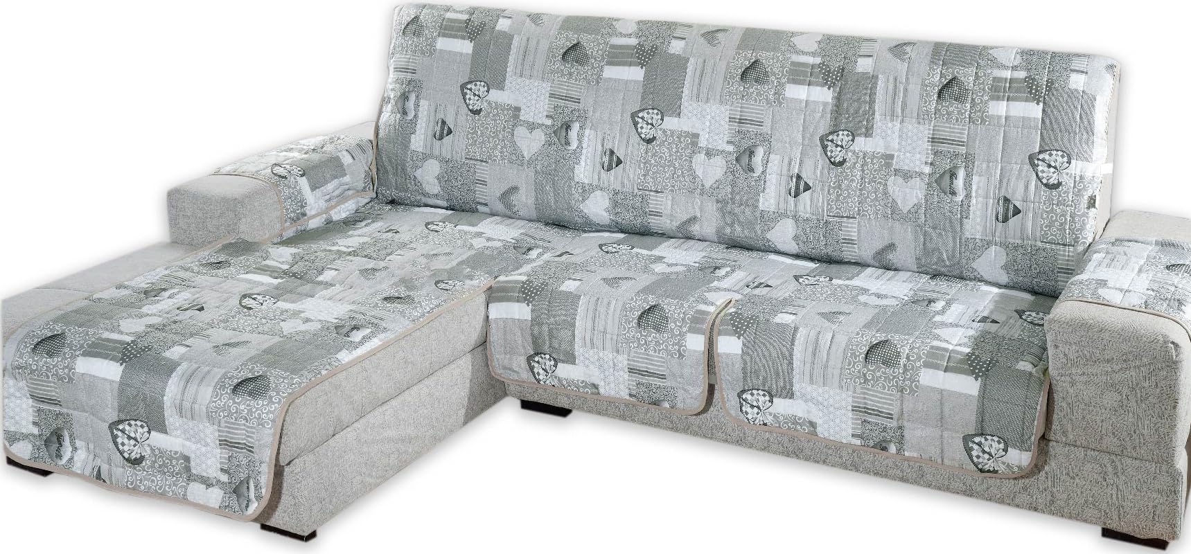 Tata Home Copridivano con Penisola Angolare Reversibile Universale Fantasia a Cuori Misura 3 Posti in Tessuto Trapuntato Imbottito Fronte e Retro Colore Grigio
