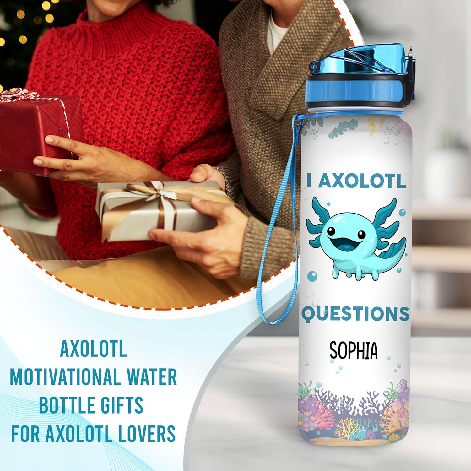 Hyturtle Personalized Axolotl Water Bottle - 32oz Motivational Water Bottle with Leak-Proof Lid & Time Marker - Custom Name Gift for Axolotl Lovers, Women, Girls, Boys - Birthday & Christmas Gift