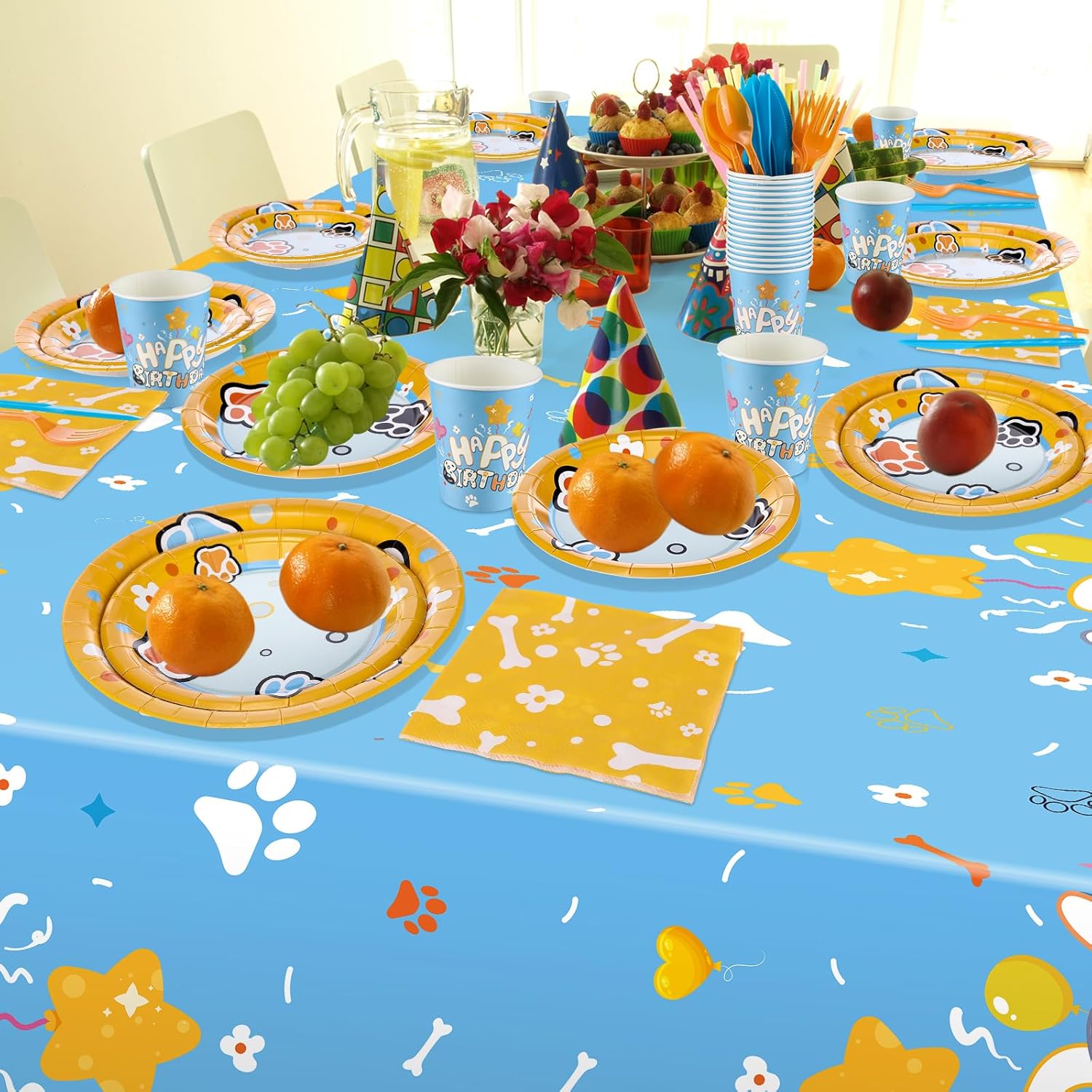 Oudain 191 Pcs Blue Dog Birthday Party Decorations Puppy Cartoon Party Supplies Set with Tablecloth Banner Plates Cups Napkins Cutlery Dog Themed Birthday Favors for 25 Guest
