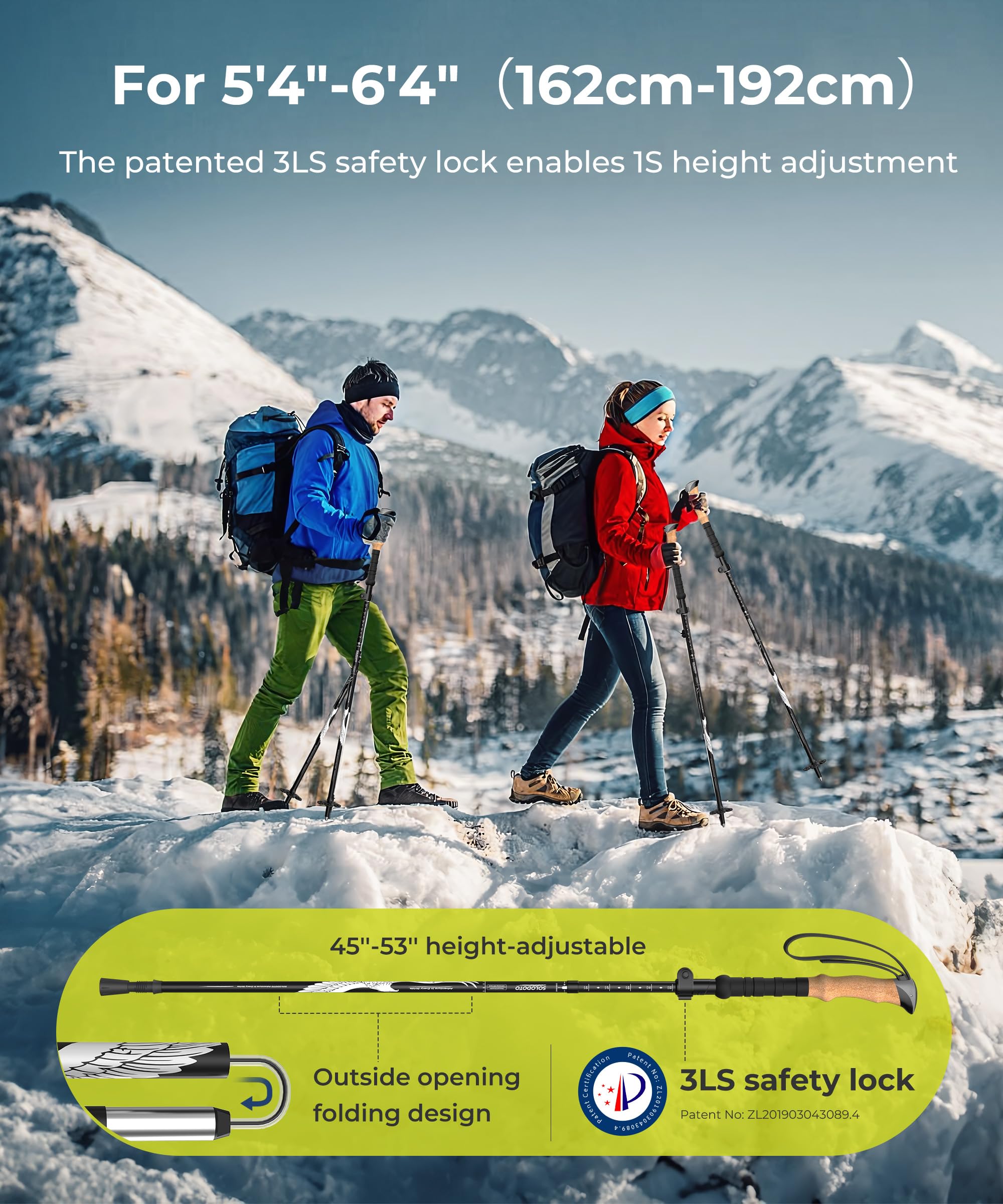 SOLODOTO 7075 Hiking Poles Collapsible Lightweight, Aircraft-Grade Aluminum Trekking Poles, Adjustable Hiking Sticks with Cork Grip, Folding Walking Sticks for Women Men Seniors, 2PC, Black