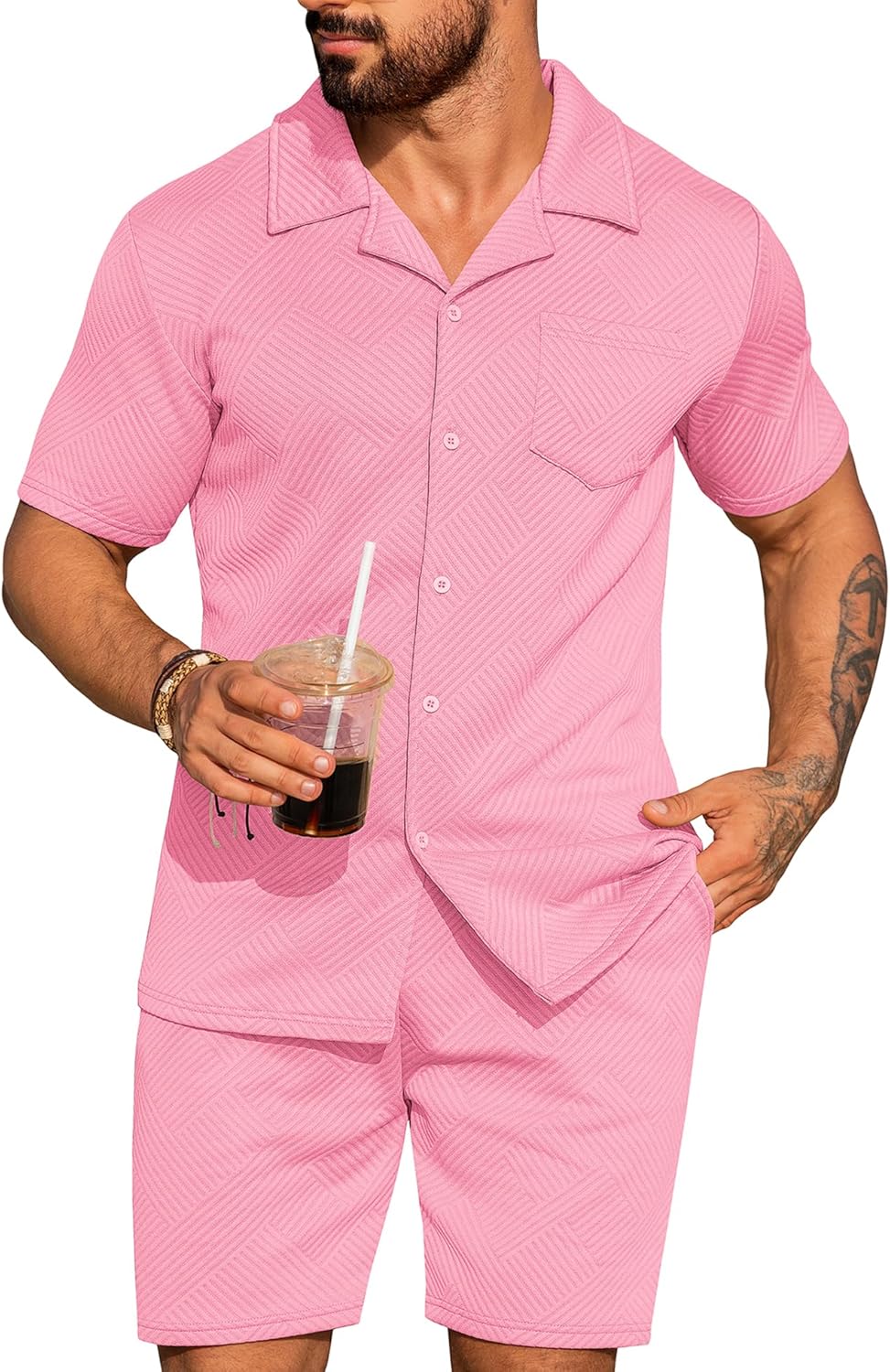 URRU Mens 2 Piece Outfits Summer Casual Texture Beach Short Sleeve Button Down Shirts and Shorts Set with Pocket