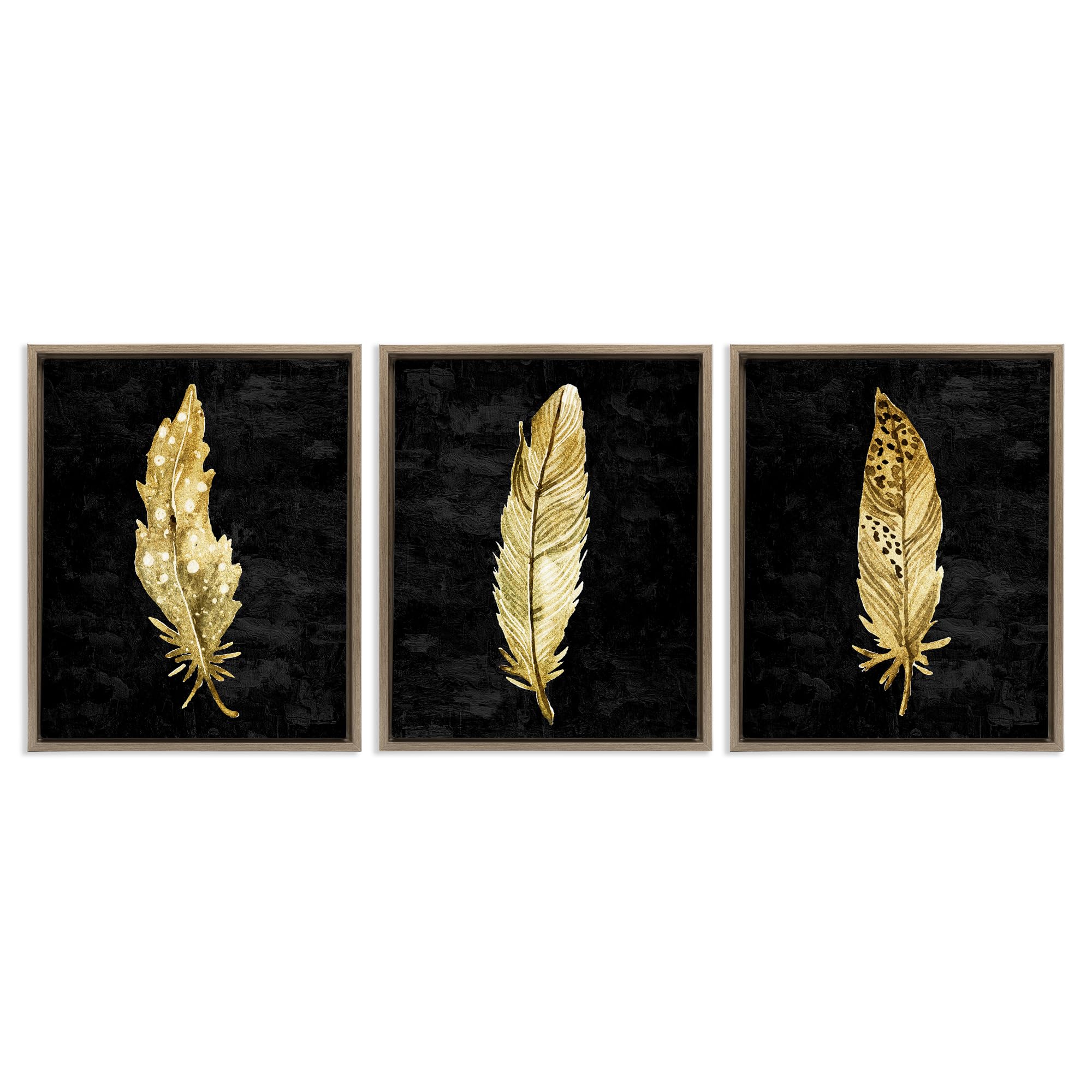 Stupell Industries Black & Gold Feathers 3 Piece Brown Framed Floater Canvas Set, design by Kim Allen, 21 x 17