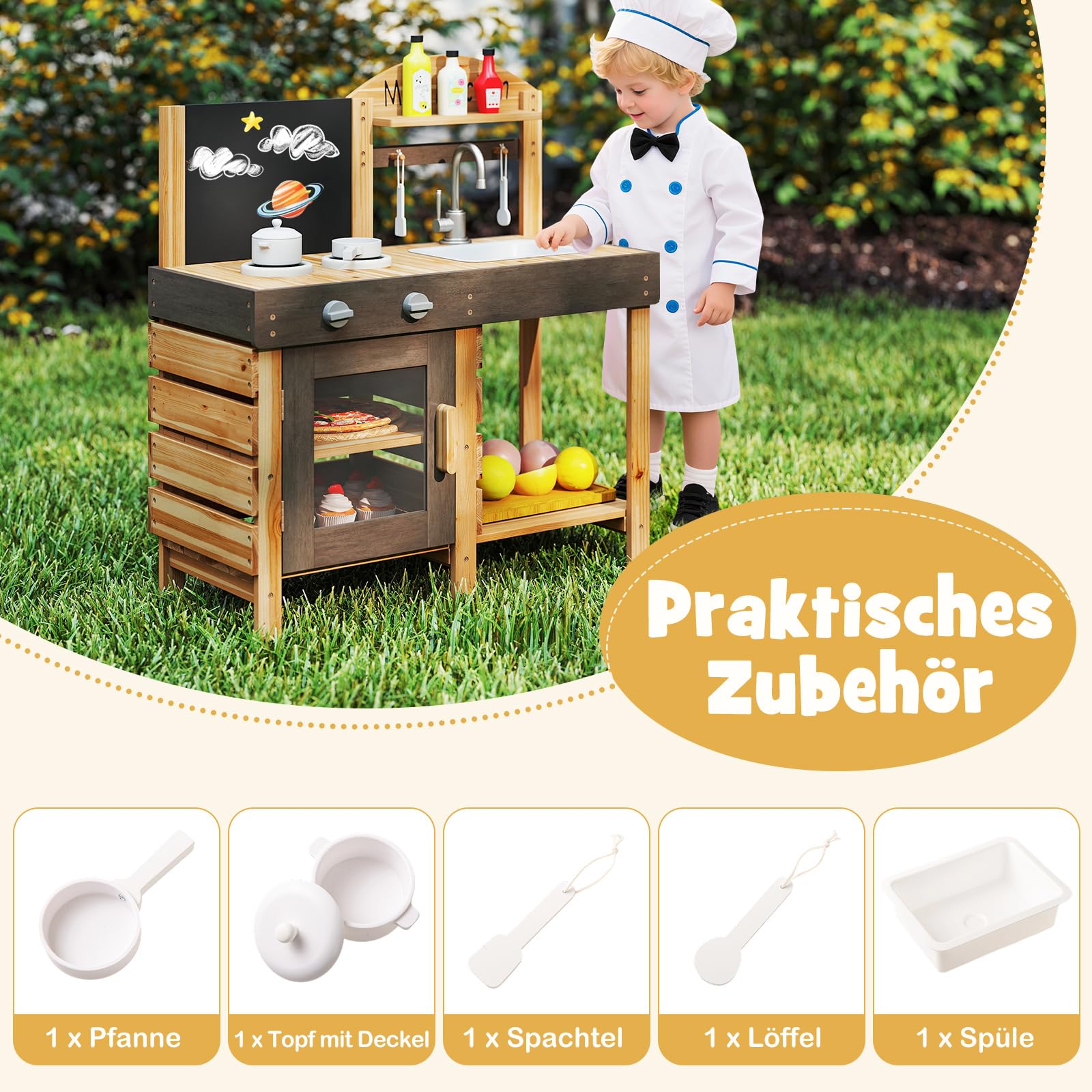 DREAMADE Matschküche Kinder Outdoor, Kinderküche aus Tannenholz mit Wasserhahn & Spüle & Tafel & Herd & Backofen, Spielküche mit 5 TLG. Zubehör, Outdoor Küche für Jungen & Mädchen ab 3 Jahren